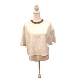 Maje Trassa Embellished Collar Cropped T-Shirt With Jeweled Neckline, Medium NWT